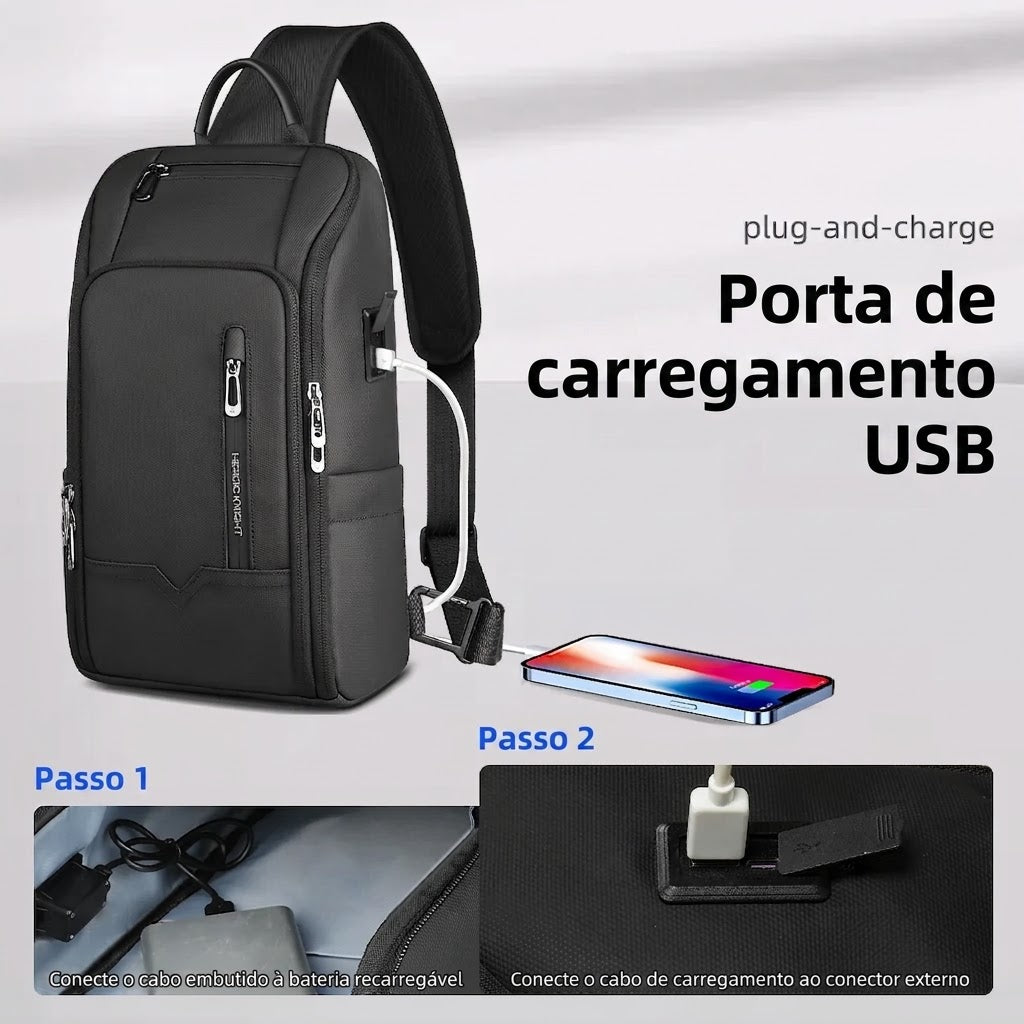 Bolsa Peitoral Masculina HK em Oxford Impermeável com Entrada USB