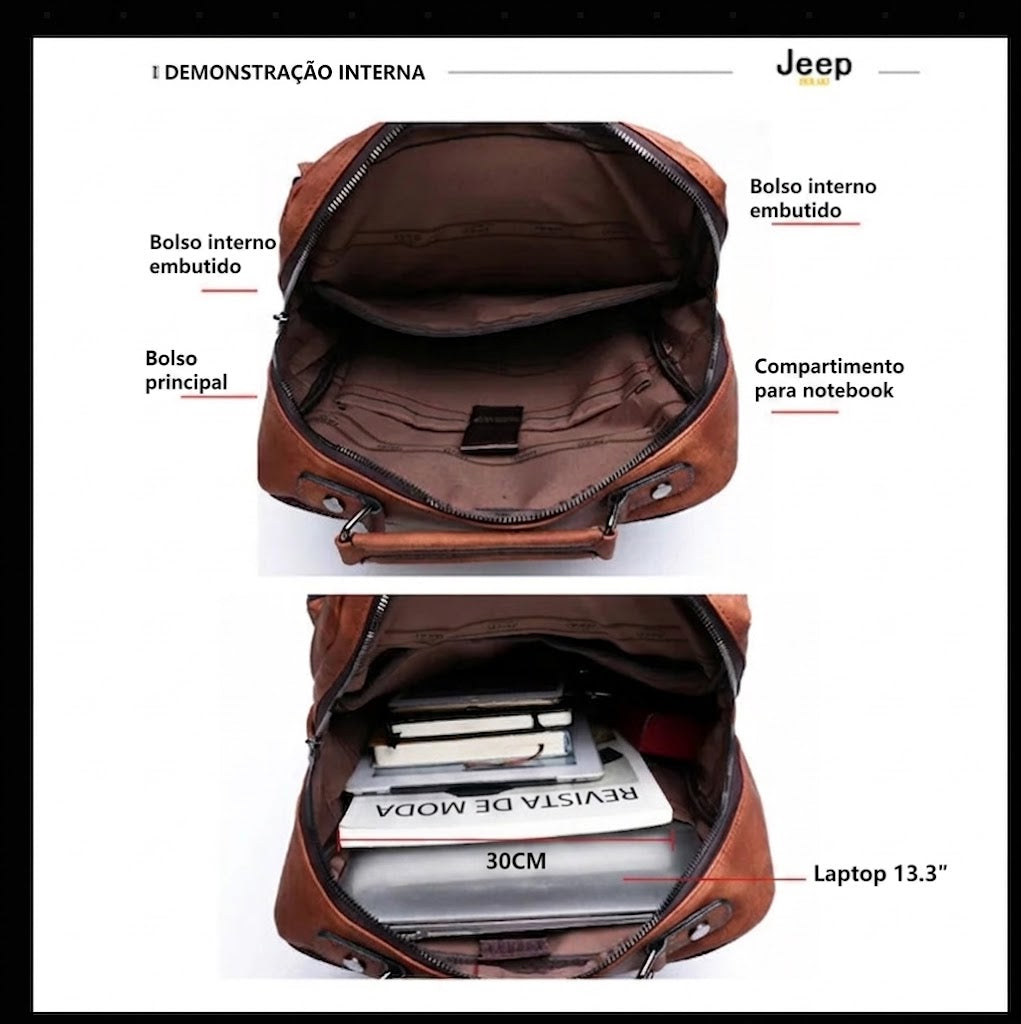 Mochila JEEP BULUO em Couro Split para Notebook