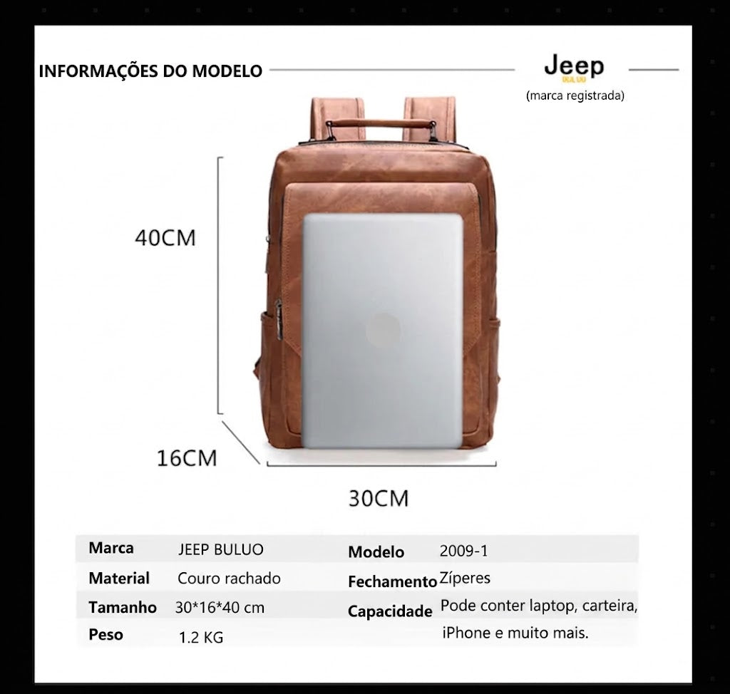 Mochila JEEP BULUO em Couro Split para Notebook