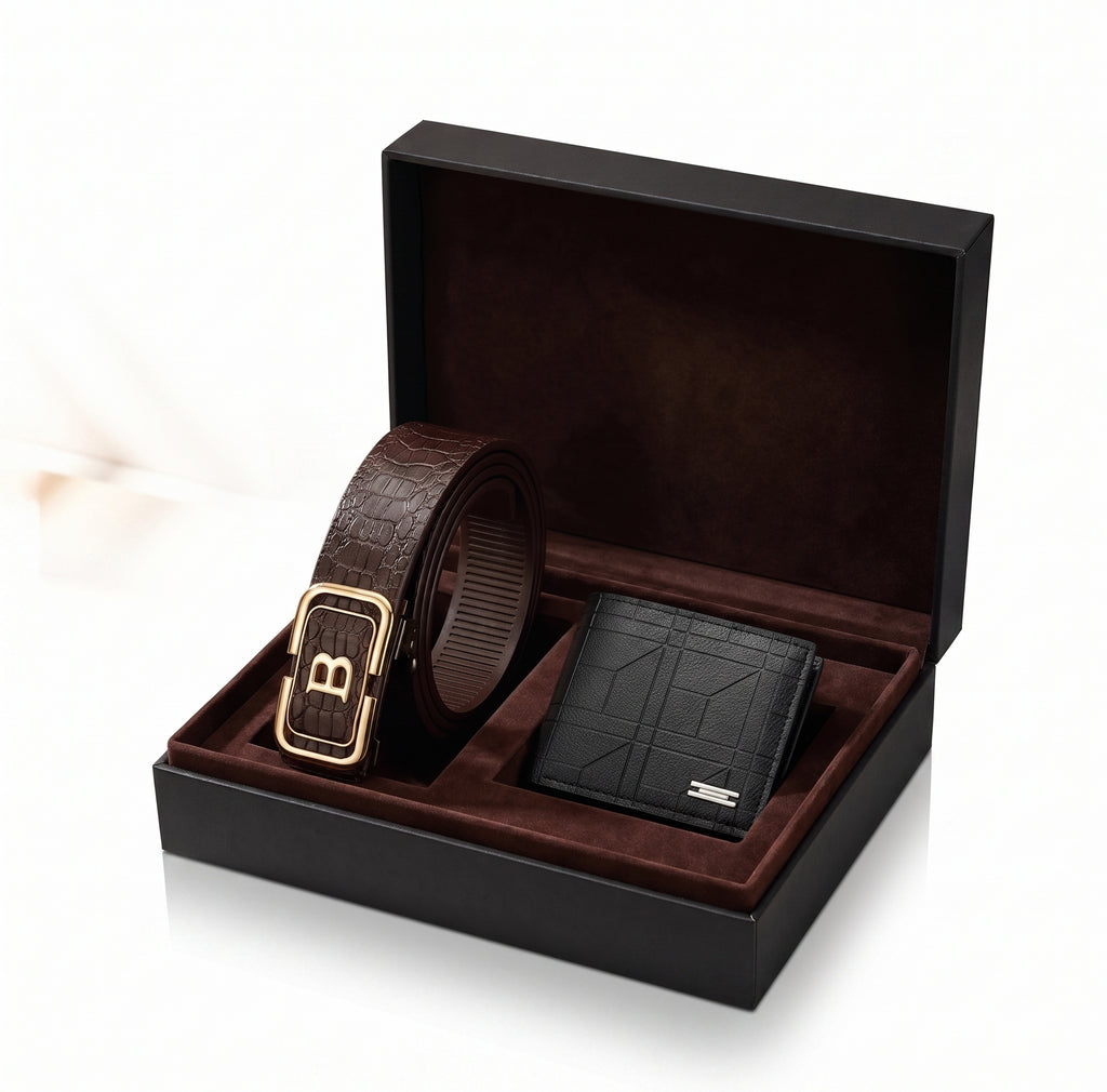 Kit Carteira e Cinto Masculino Retrô em PU