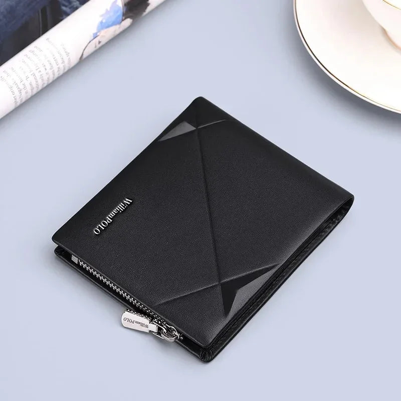 Carteira Masculina Bifold de Couro Legítimo com Zíper