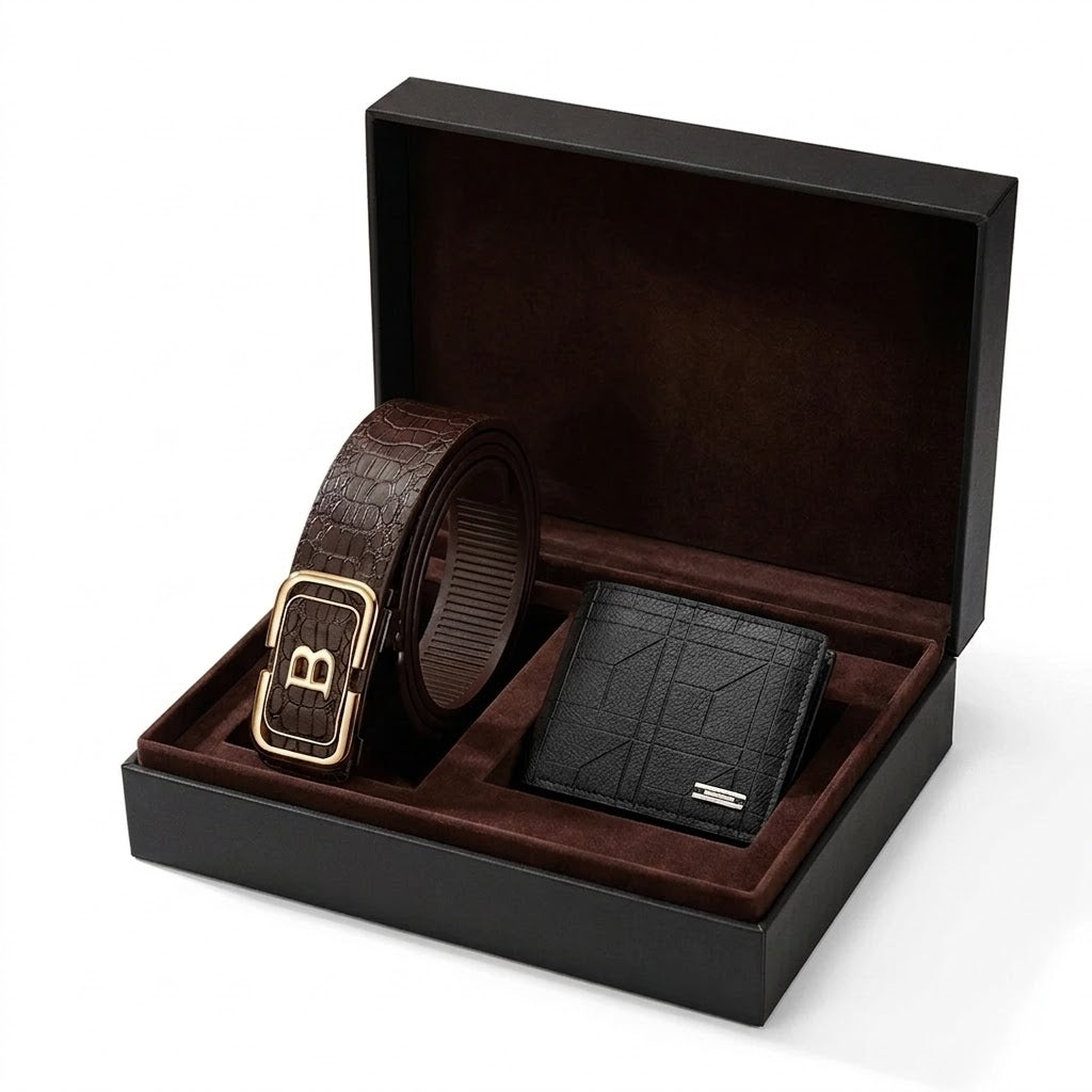 Kit Carteira e Cinto Masculino Retrô em PU