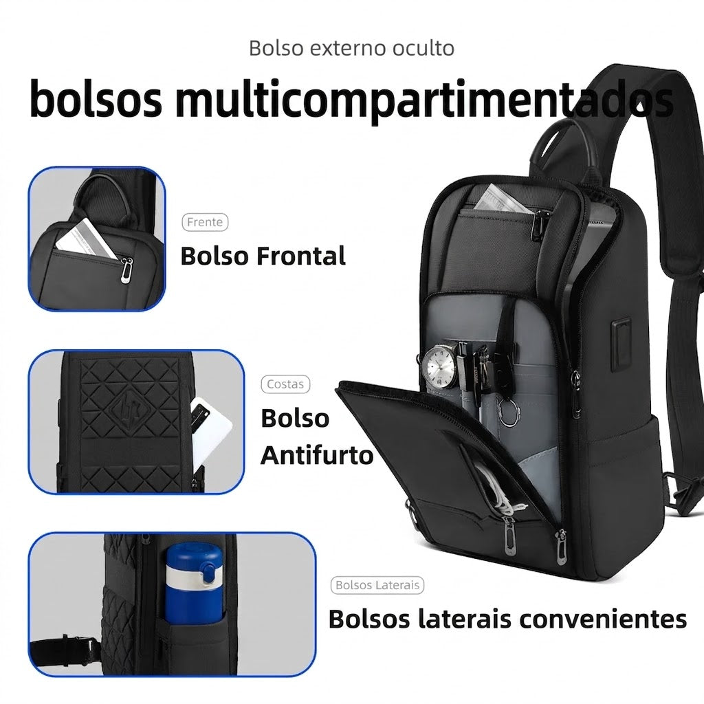 Bolsa Peitoral Masculina HK em Oxford Impermeável com Entrada USB